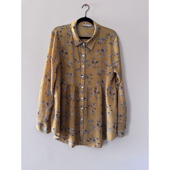 See and Be Seen Yellow Floral Long Sleeve Button Down, High/Low Size Large EUC - Picture 1 of 12